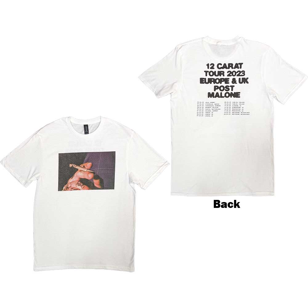 White t-shirt with Post Malone tour graphic on front and back.