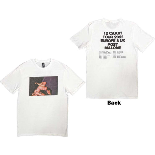 White t-shirt with Post Malone tour graphic on front and back.