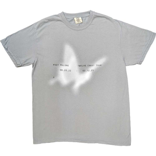 Gray t-shirt with a white butterfly graphic and tour dates.