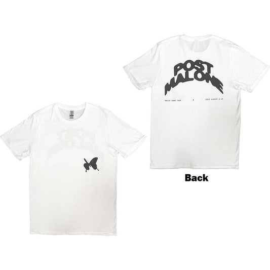 Medium black t-shirt with white curved Post Malone tour logo on back.