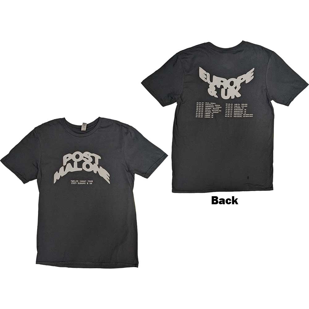 Medium black t-shirt with white Post Malone curved logo and 2023 tour dates on back.