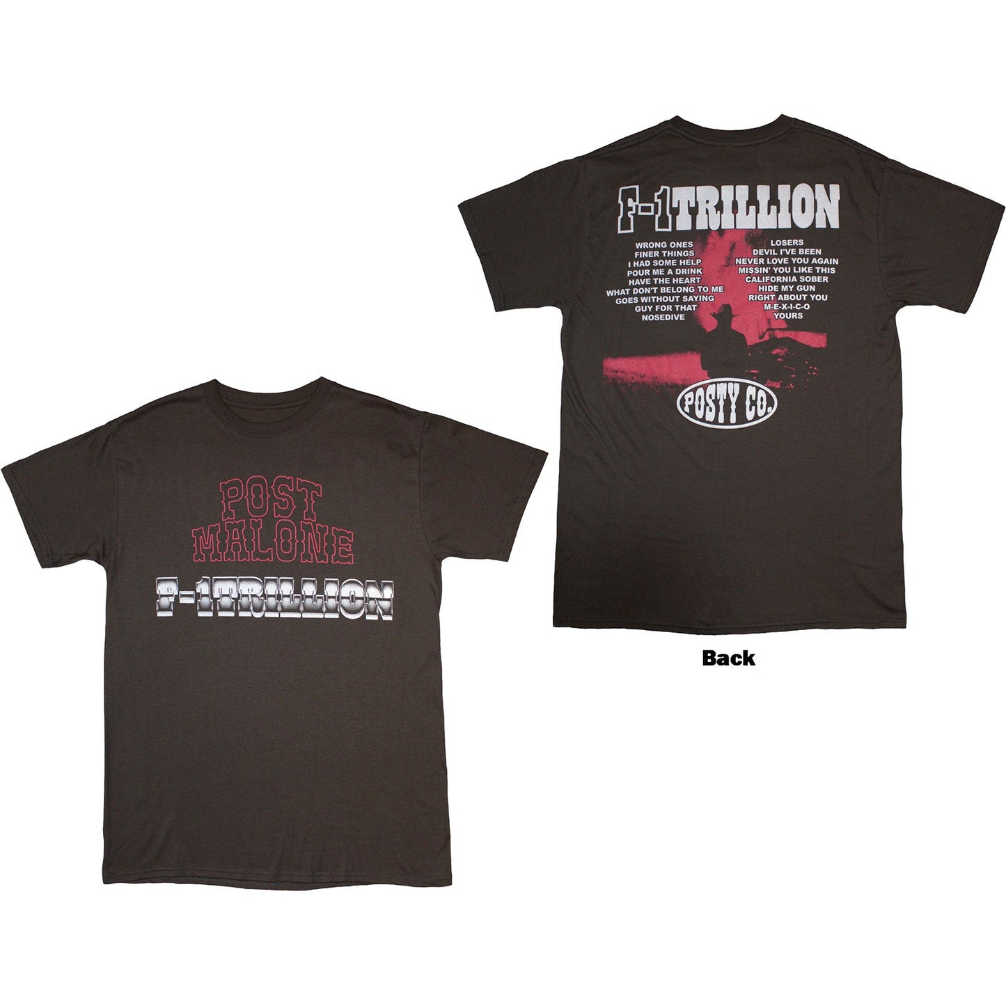 Black t-shirt with large back print of Post Malone’s “F-1 Trillion” design.