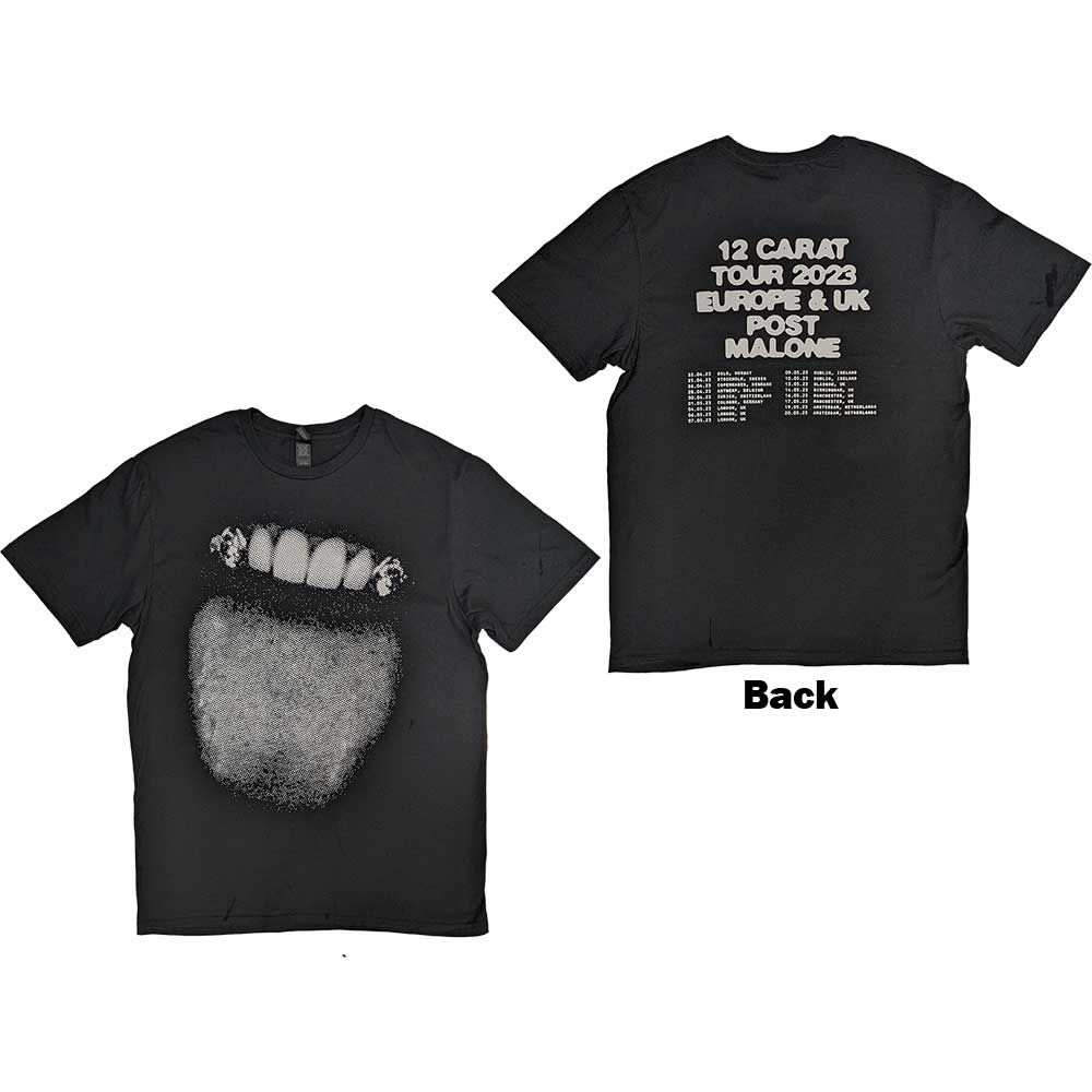 Black Post Malone tour t-shirt, front with teeth, back with dates.