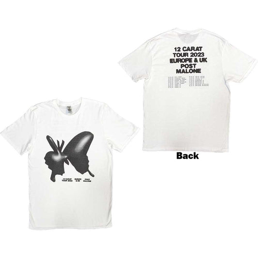 Black t-shirt with large back print of Post Malone’s inflatable butterfly tour design.