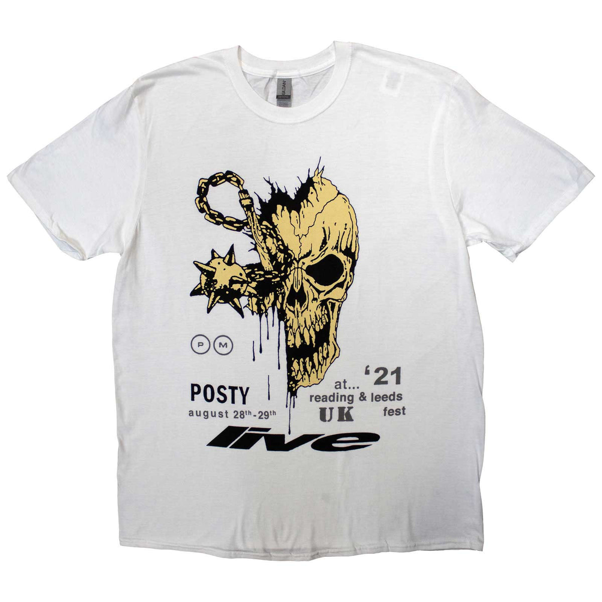 White t-shirt with a gold skull graphic and “Reading & Leeds” text.