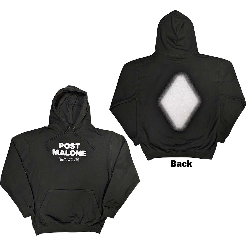 Black unisex pullover hoodie featuring Post Malone branding and tour graphics on the back.