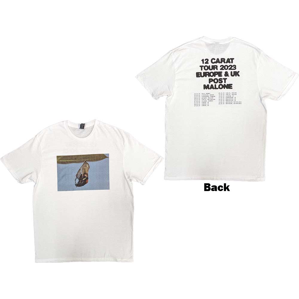 White Post Malone tour t-shirt with tour dates on the back.
