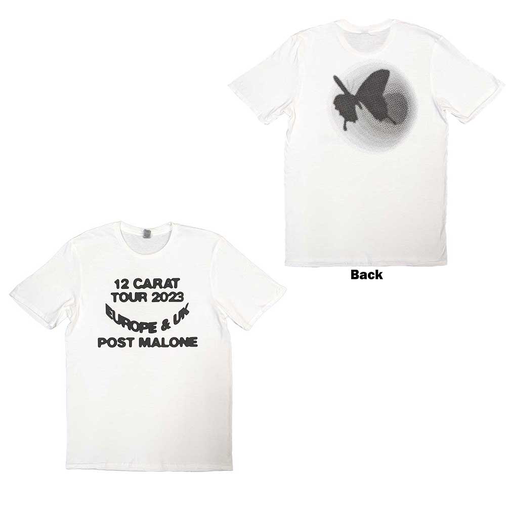 Black t-shirt with Post Malone’s 2023 tour design on the back.
