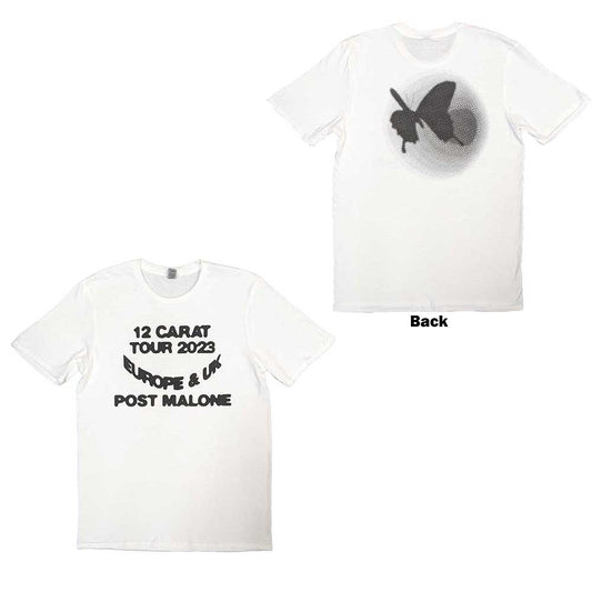 Black t-shirt with Post Malone’s 2023 tour design on the back.