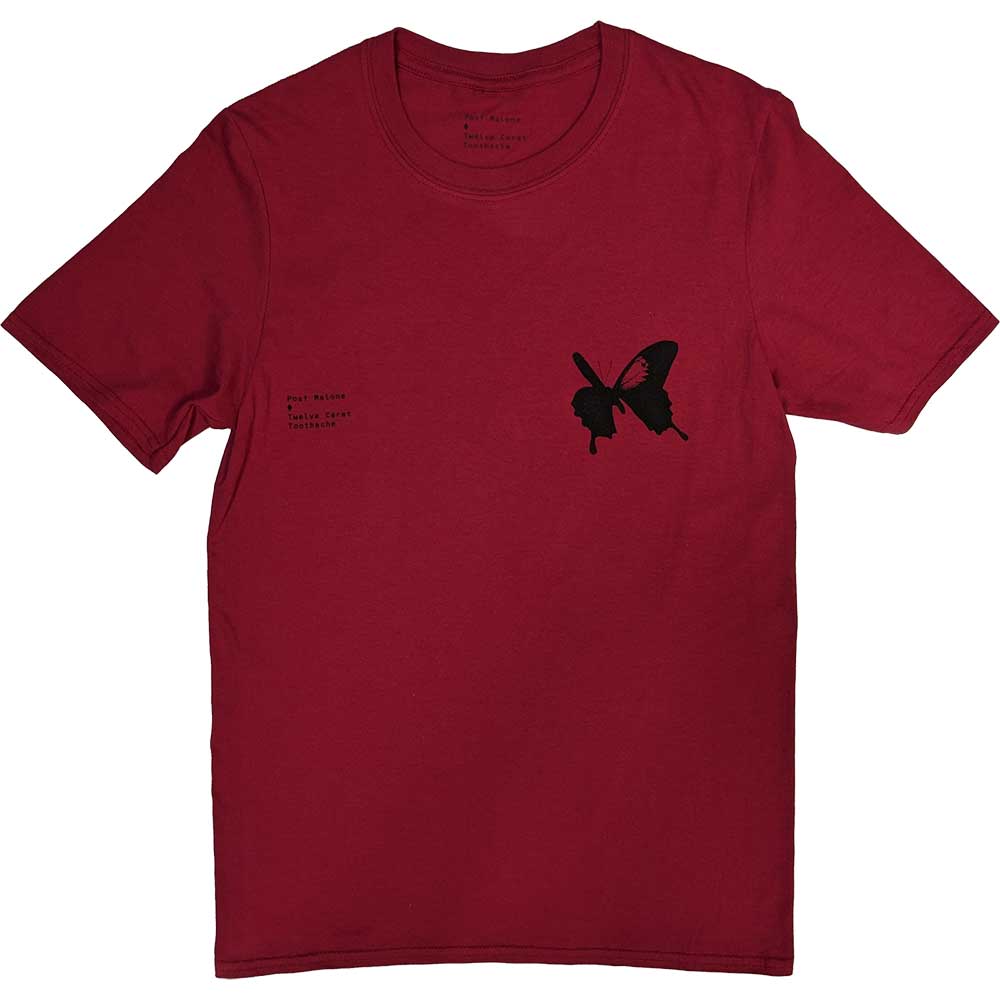 Maroon t-shirt with a black butterfly graphic and text on the chest.
