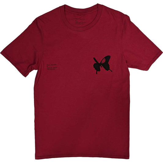 Maroon t-shirt with a black butterfly graphic and text on the chest.
