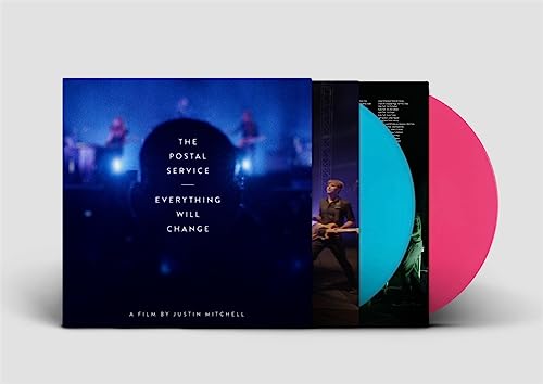 Vinyl record of The Postal Service's "Everything Will Change," light blue and pink.