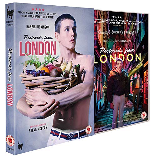 Postcards From London" DVD case with a man holding fruit and city scene.