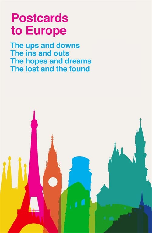 Postcards to Europe book cover with colorful silhouettes of European landmarks.