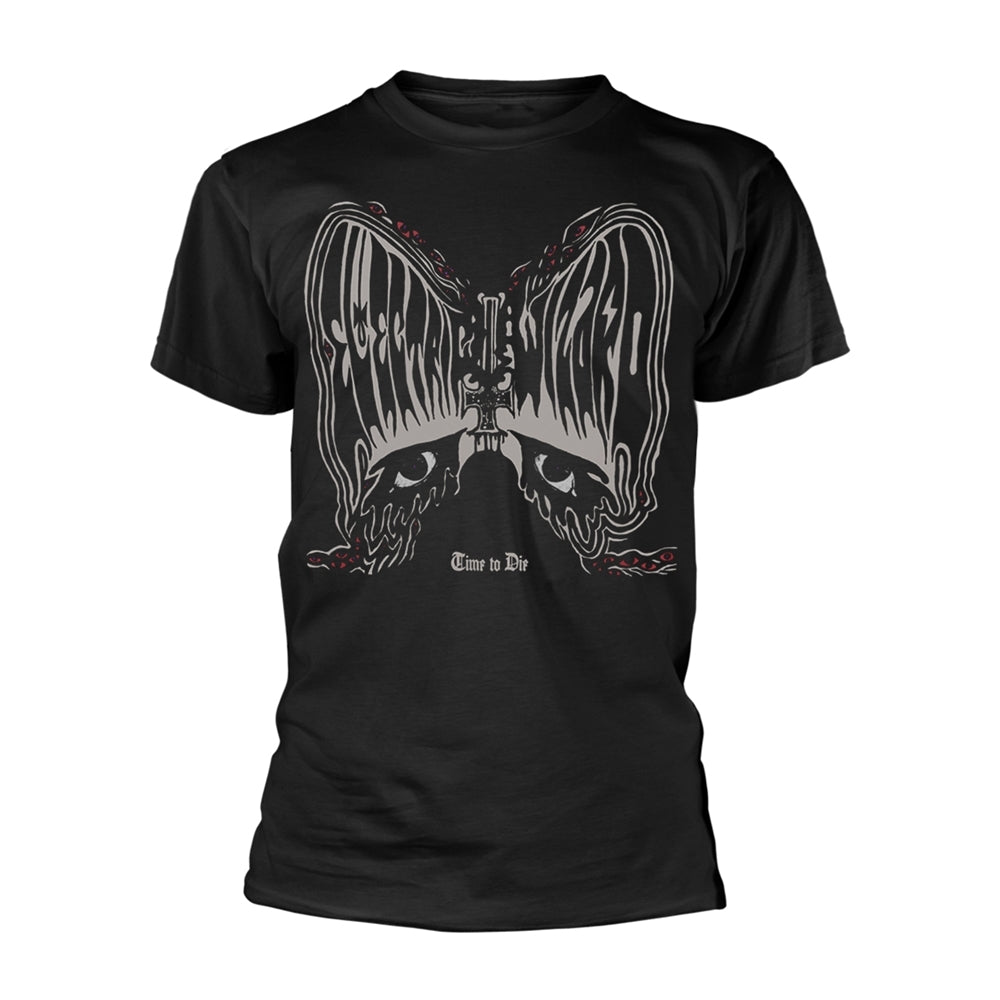 Black t-shirt with a white, stylized skull and wings graphic.