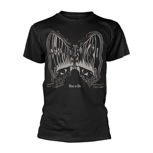 Black t-shirt with a white, stylized skull and wings graphic.