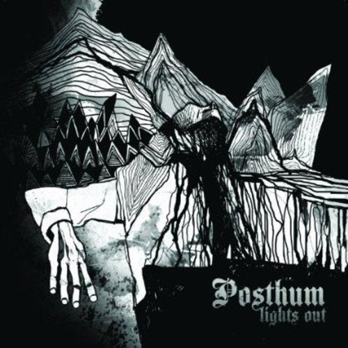 CD cover with black and white abstract mountain and hand illustration.