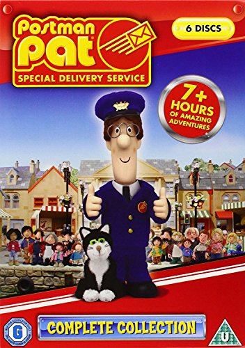 Postman Pat and his cat Jess standing in front of a village scene on DVD.
