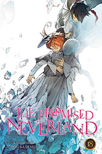 Manga cover art for The Promised Neverland Volume 18 featuring three characters embracing.