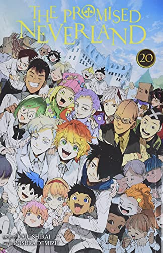 Manga cover for The Promised Neverland volume 20 featuring a large group of smiling characters.