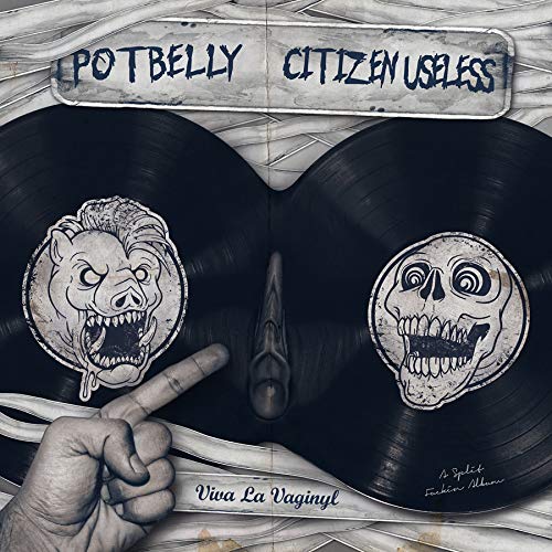 Vinyl record with animal and skull illustrations, hand pointing, and text "Potbelly / Citizen Useless".