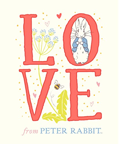 LOVE" spelled in coral letters with Peter Rabbit and floral details.