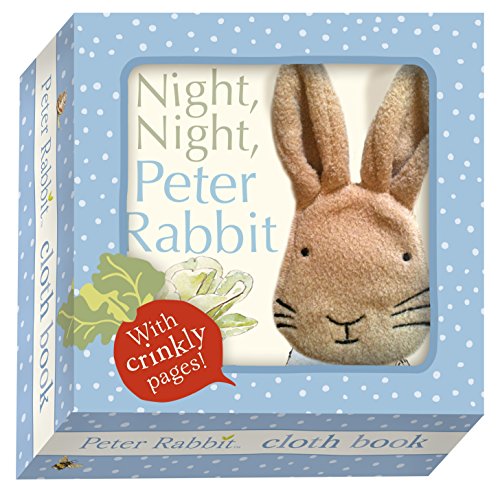 Blue children's cloth book with Peter Rabbit on cover and crinkly pages.