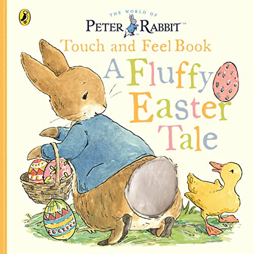Peter Rabbit in blue jacket with Easter eggs and a duckling.