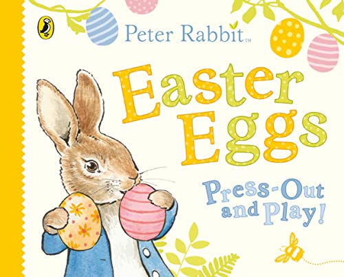 Peter Rabbit holding Easter eggs on a book cover.