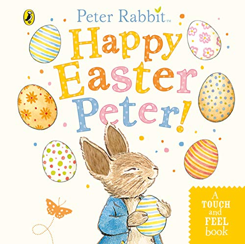 "Children's book cover featuring Peter Rabbit holding an Easter egg, surrounded by decorated eggs."
