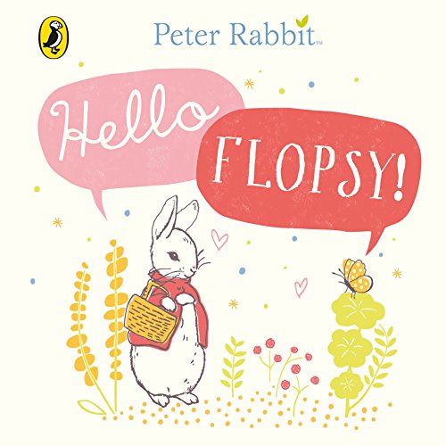 "Children's book cover featuring Peter Rabbit with speech bubbles and flowers."