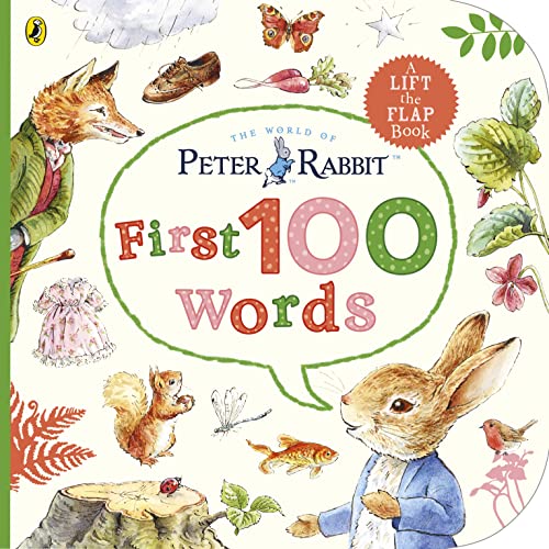Peter Rabbit first 100 words book cover with animals and plants.