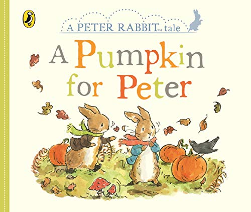 Peter Rabbit book cover with Peter and friends among pumpkins.