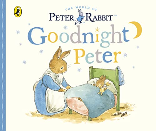 Peter Rabbit book cover showing a bunny in pajamas going to bed.