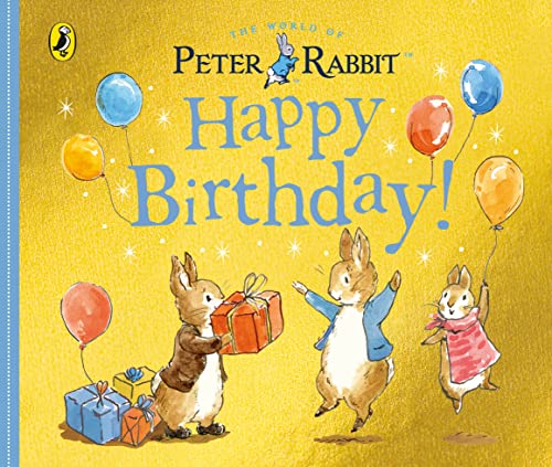 Peter Rabbit book cover with rabbits, gifts, and balloons.