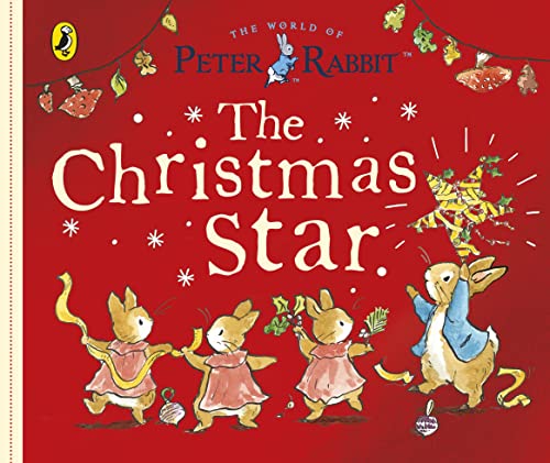 Red book cover featuring Peter Rabbit and friends celebrating Christmas.