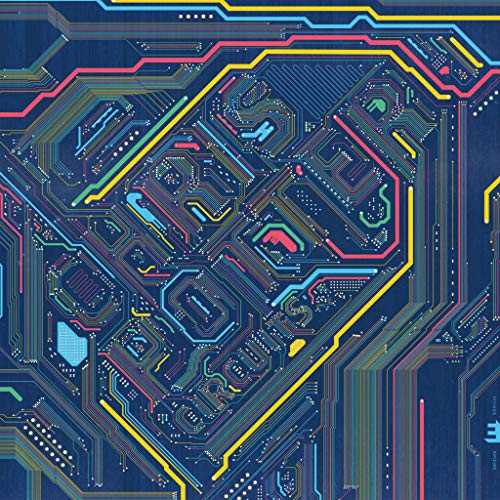 The image is a dark blue circuit board with multicolored lines and shapes. Alt text: Dark blue circuit board with neon colored wires and components.