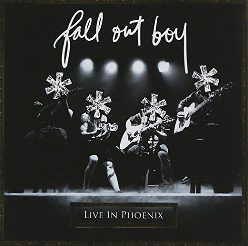 Black and white album cover of Fall Out Boy performing live.