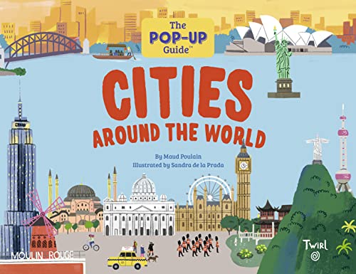 Pop-up book cover featuring illustrated landmarks from cities worldwide.