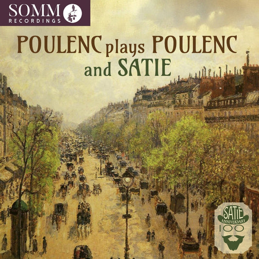 CD cover: Impressionistic street scene with text “Poulenc plays Poulenc and Satie”.