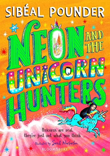 Book cover: colorful title with a girl riding a unicorn.