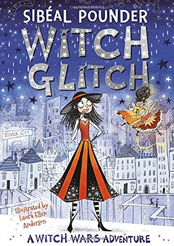 Book cover: young witch in red and black, city skyline, fairy.