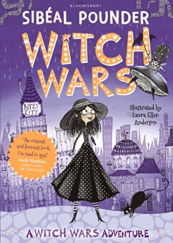 Book cover for Witch Wars featuring a girl in a polka-dot dress and city.