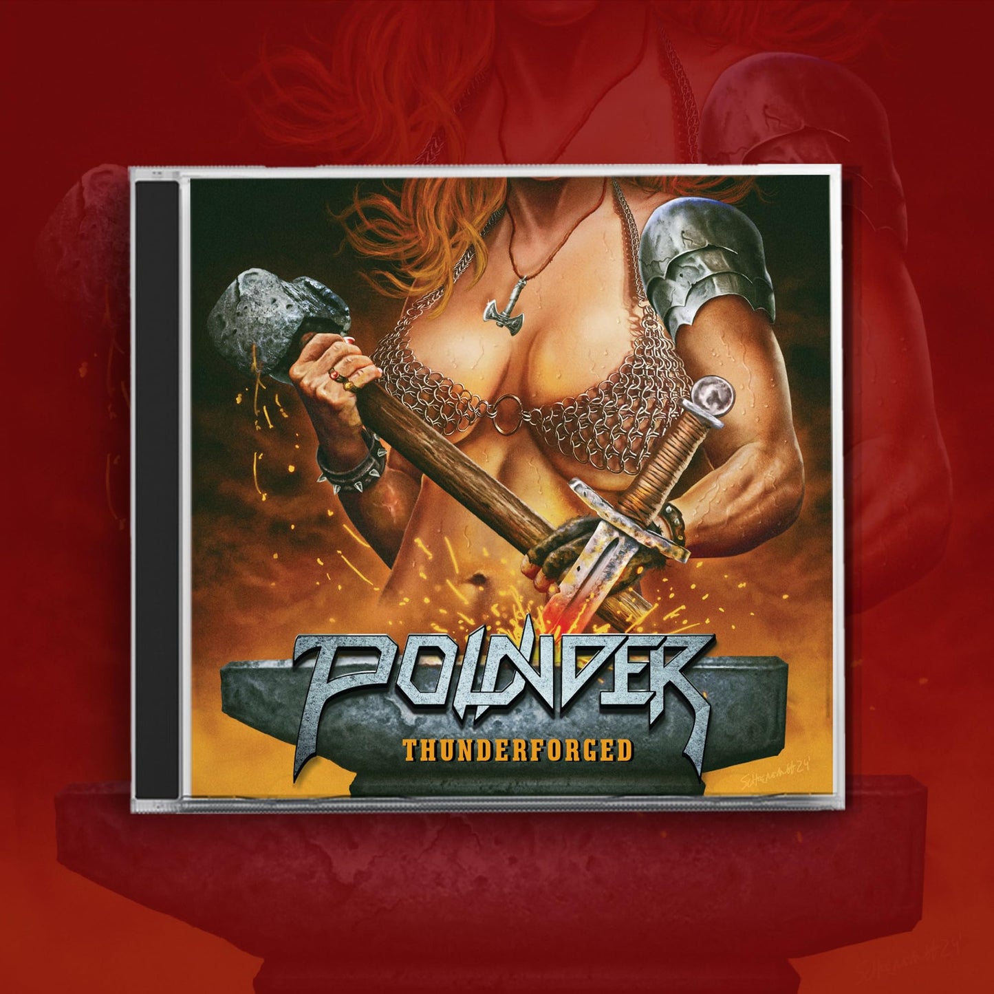 CD cover: armored woman with hammer, fiery background, "Pounder - Thunderforged".