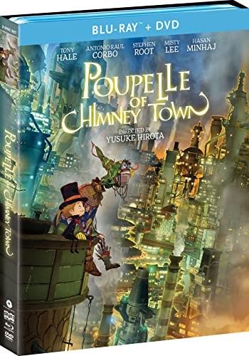 “Poupelle of Chimney Town” Blu-ray cover featuring a boy and a robot in a cityscape.
