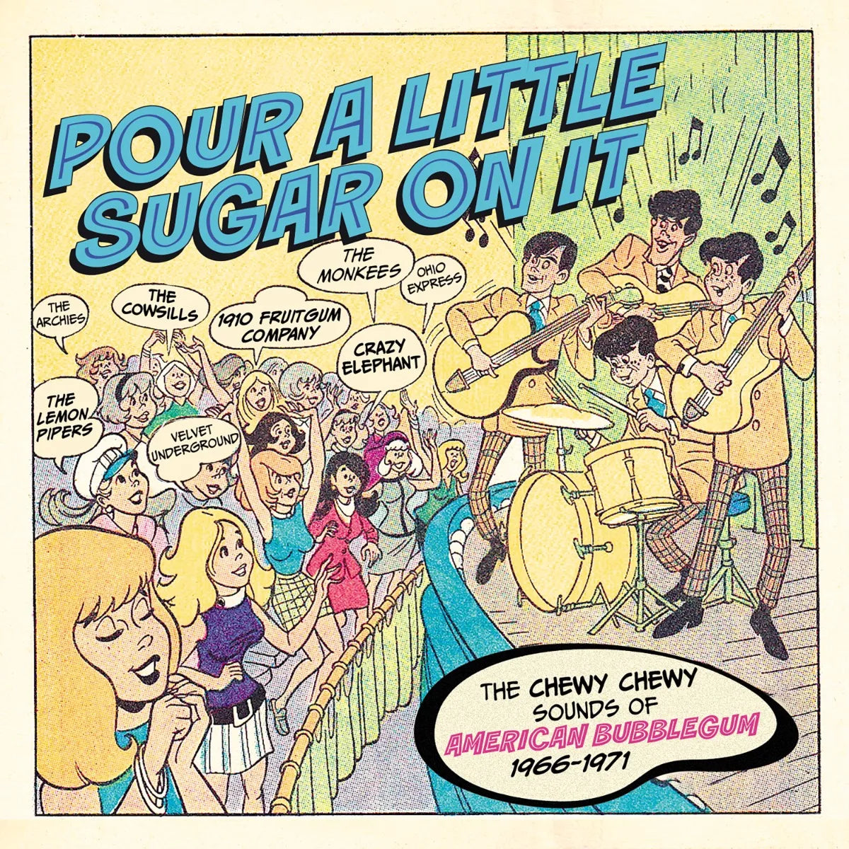 Colorful cartoon illustration of 1960s bands on a 3CD clamshell box.
