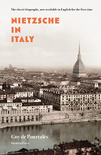 Book cover: "Nietzsche in Italy" with a vintage cityscape background.