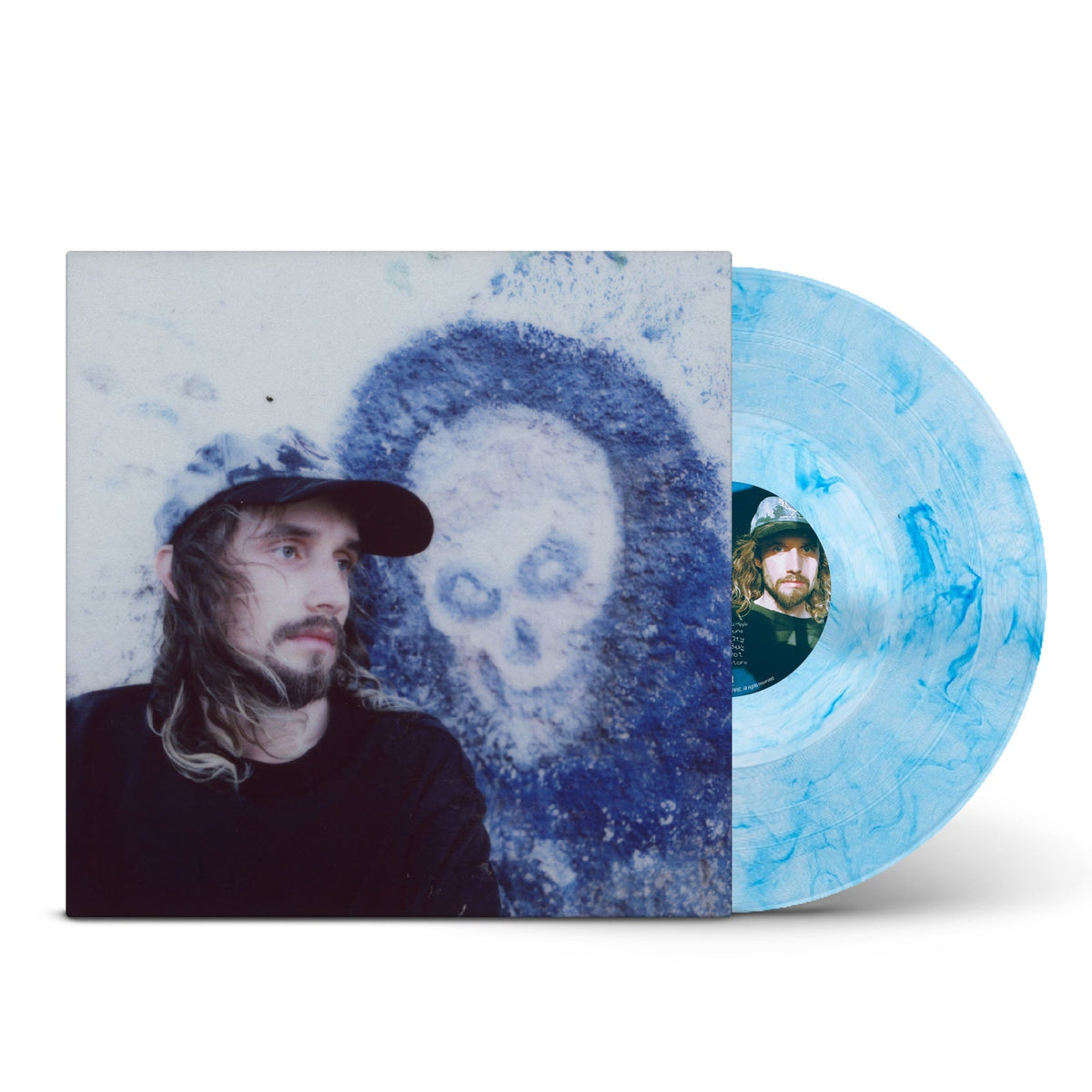 Pouya album cover and blue-swirled vinyl record shown together.