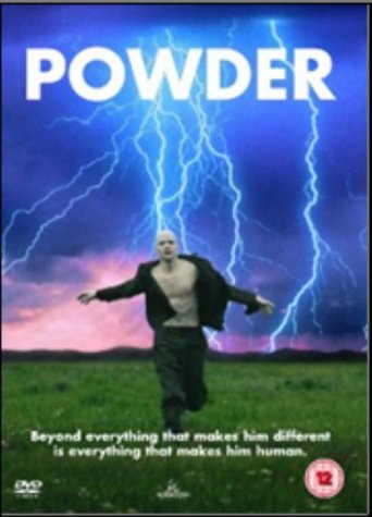 Powder" DVD cover: man with outstretched arms amidst a stormy, electric sky.