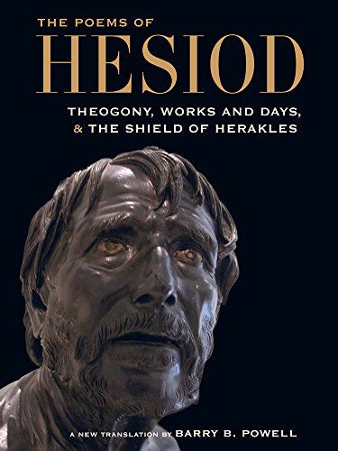 Book cover featuring a bronze bust of an aged man, titled “Hesiod.”